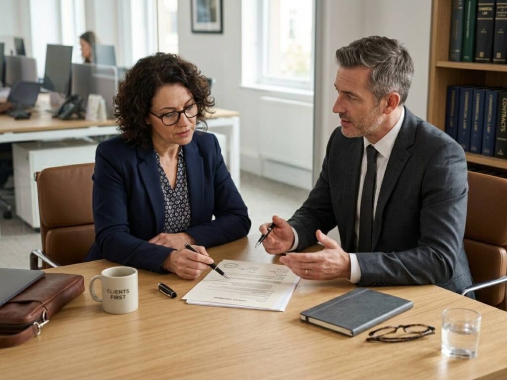 Small business owner consulting a business lawyer about contracts